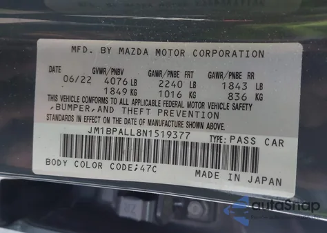 2022 Mazda Mazda3 Carbon Edition from USA, damaged, VIN JM1BPALL8N1519377